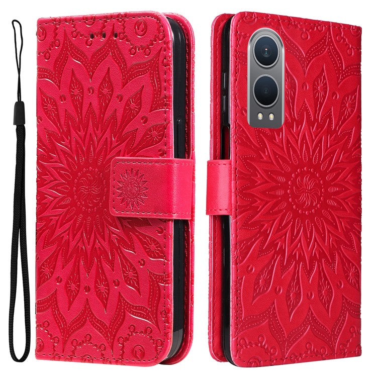 KT Imprinting Flower Series-1 For OnePlus Nord CE4 Lite 5G / Oppo K12x 5G (China) Case Sunflower Leather Card Holder Folio Phone Cover - Red
