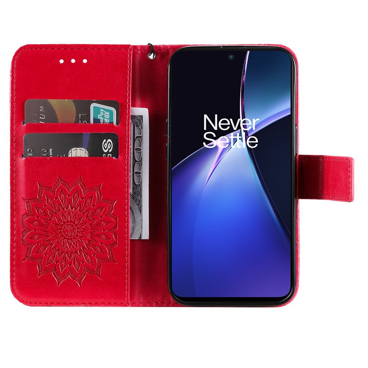 KT Imprinting Flower Series-1 For OnePlus Nord CE4 Lite 5G / Oppo K12x 5G (China) Case Sunflower Leather Card Holder Folio Phone Cover - Red