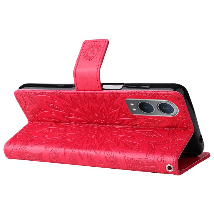 KT Imprinting Flower Series-1 For OnePlus Nord CE4 Lite 5G / Oppo K12x 5G (China) Case Sunflower Leather Card Holder Folio Phone Cover - Red