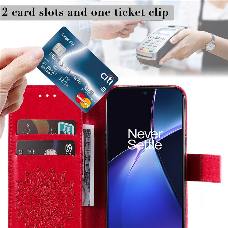 KT Imprinting Flower Series-1 For OnePlus Nord CE4 Lite 5G / Oppo K12x 5G (China) Case Sunflower Leather Card Holder Folio Phone Cover - Red