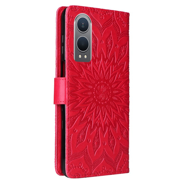 KT Imprinting Flower Series-1 For OnePlus Nord CE4 Lite 5G / Oppo K12x 5G (China) Case Sunflower Leather Card Holder Folio Phone Cover - Red