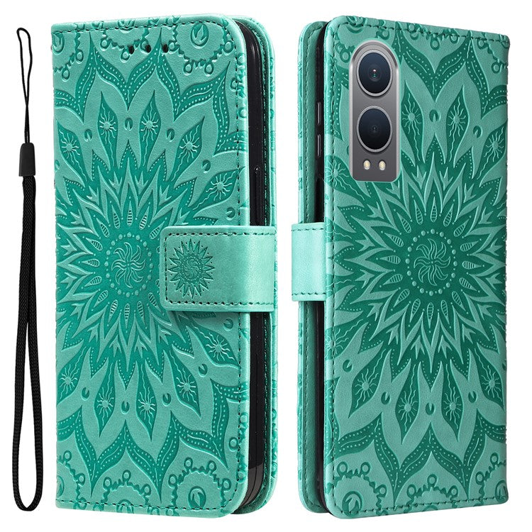 KT Imprinting Flower Series-1 For OnePlus Nord CE4 Lite 5G / Oppo K12x 5G (China) Case Sunflower Leather Card Holder Folio Phone Cover - Green