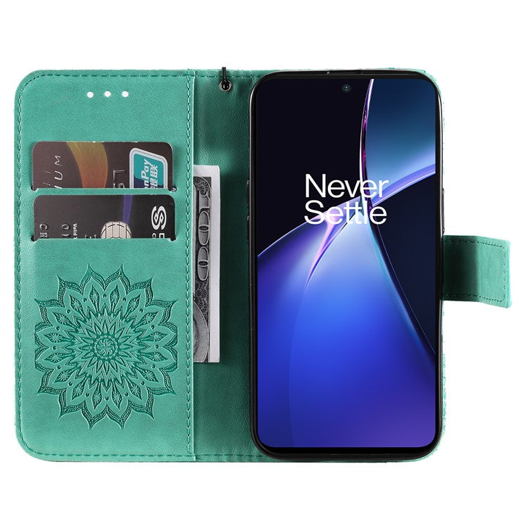 KT Imprinting Flower Series-1 For OnePlus Nord CE4 Lite 5G / Oppo K12x 5G (China) Case Sunflower Leather Card Holder Folio Phone Cover - Green