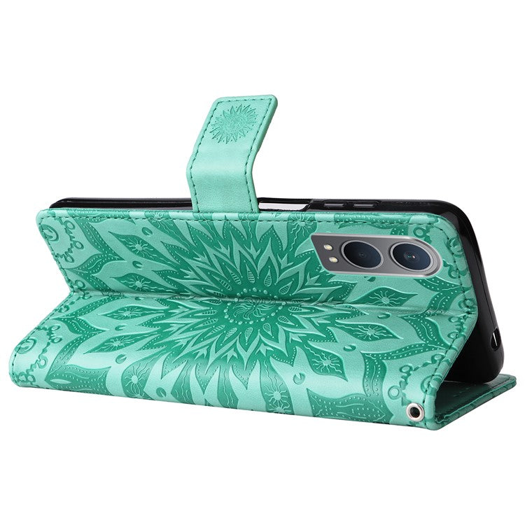 KT Imprinting Flower Series-1 For OnePlus Nord CE4 Lite 5G / Oppo K12x 5G (China) Case Sunflower Leather Card Holder Folio Phone Cover - Green