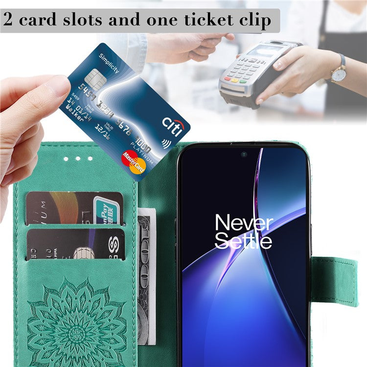 KT Imprinting Flower Series-1 For OnePlus Nord CE4 Lite 5G / Oppo K12x 5G (China) Case Sunflower Leather Card Holder Folio Phone Cover - Green