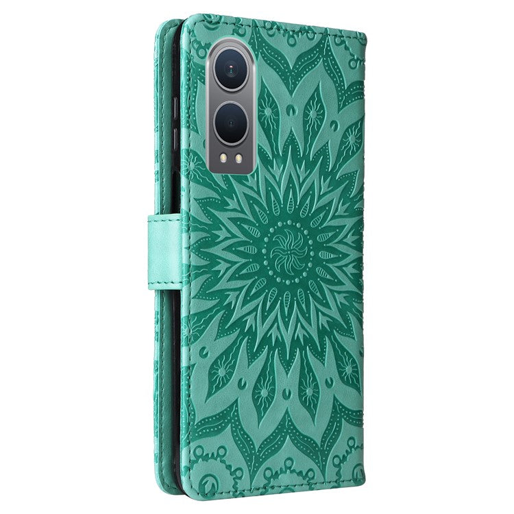 KT Imprinting Flower Series-1 For OnePlus Nord CE4 Lite 5G / Oppo K12x 5G (China) Case Sunflower Leather Card Holder Folio Phone Cover - Green