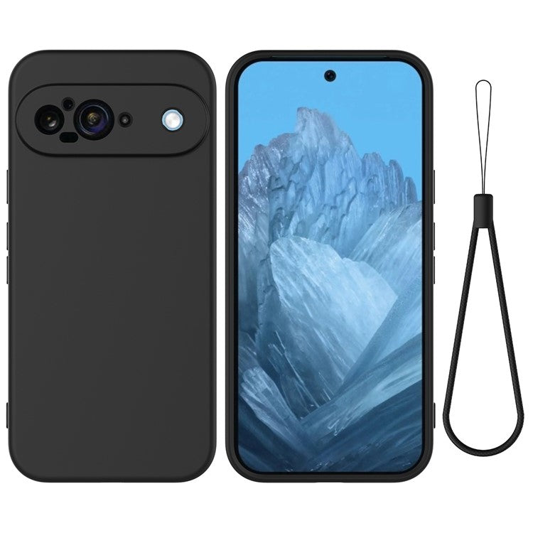 For Google Pixel 9 Case Liquid Silicone Shockproof Phone Cover with Hand Strap - Black