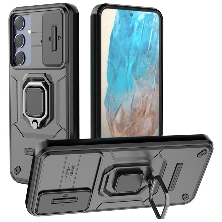 For Samsung Galaxy M35 5G Case PC+TPU Kickstand Phone Protector with Lens Cover - Black