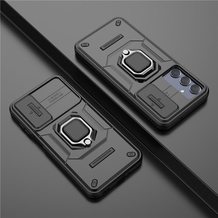 For Samsung Galaxy M35 5G Case PC+TPU Kickstand Phone Protector with Lens Cover - Black