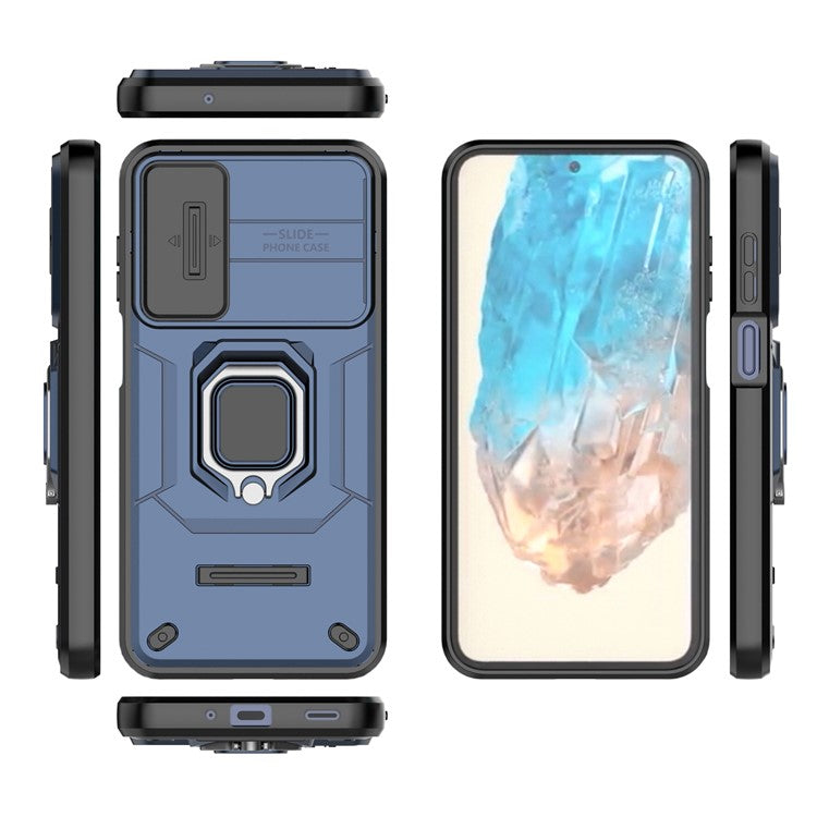 For Samsung Galaxy M35 5G Case PC+TPU Kickstand Phone Protector with Lens Cover - Blue