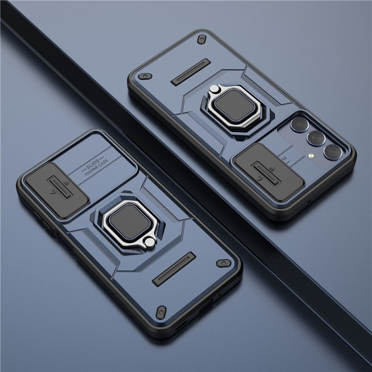 For Samsung Galaxy M35 5G Case PC+TPU Kickstand Phone Protector with Lens Cover - Blue