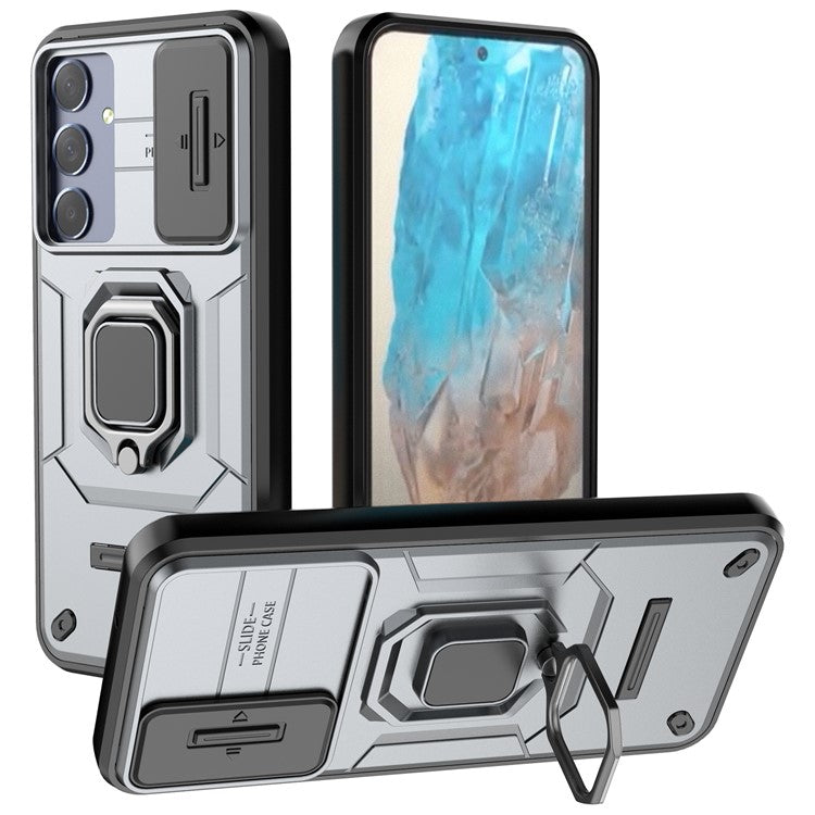 For Samsung Galaxy M35 5G Case PC+TPU Kickstand Phone Protector with Lens Cover - Grey