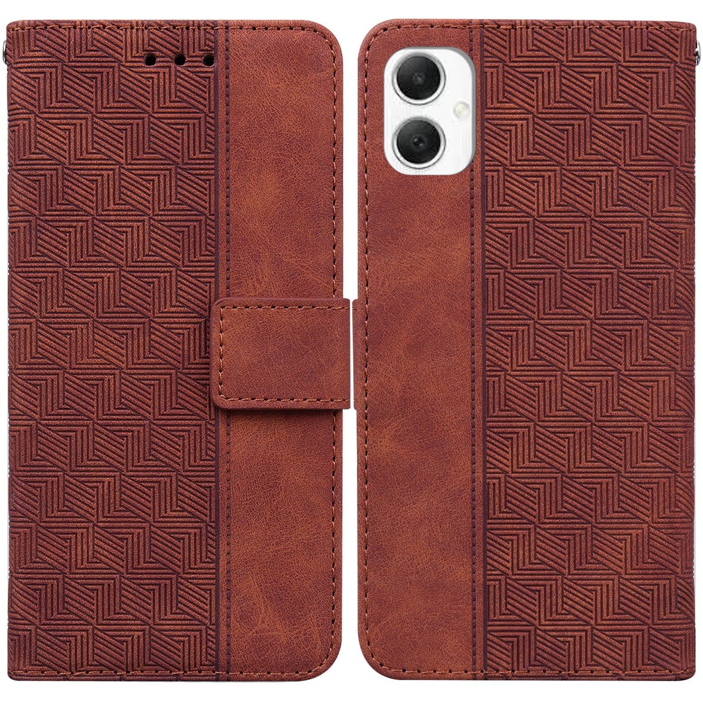 For Samsung Galaxy A06 Case Geometry Pattern Leather Wallet Phone Cover - Brown