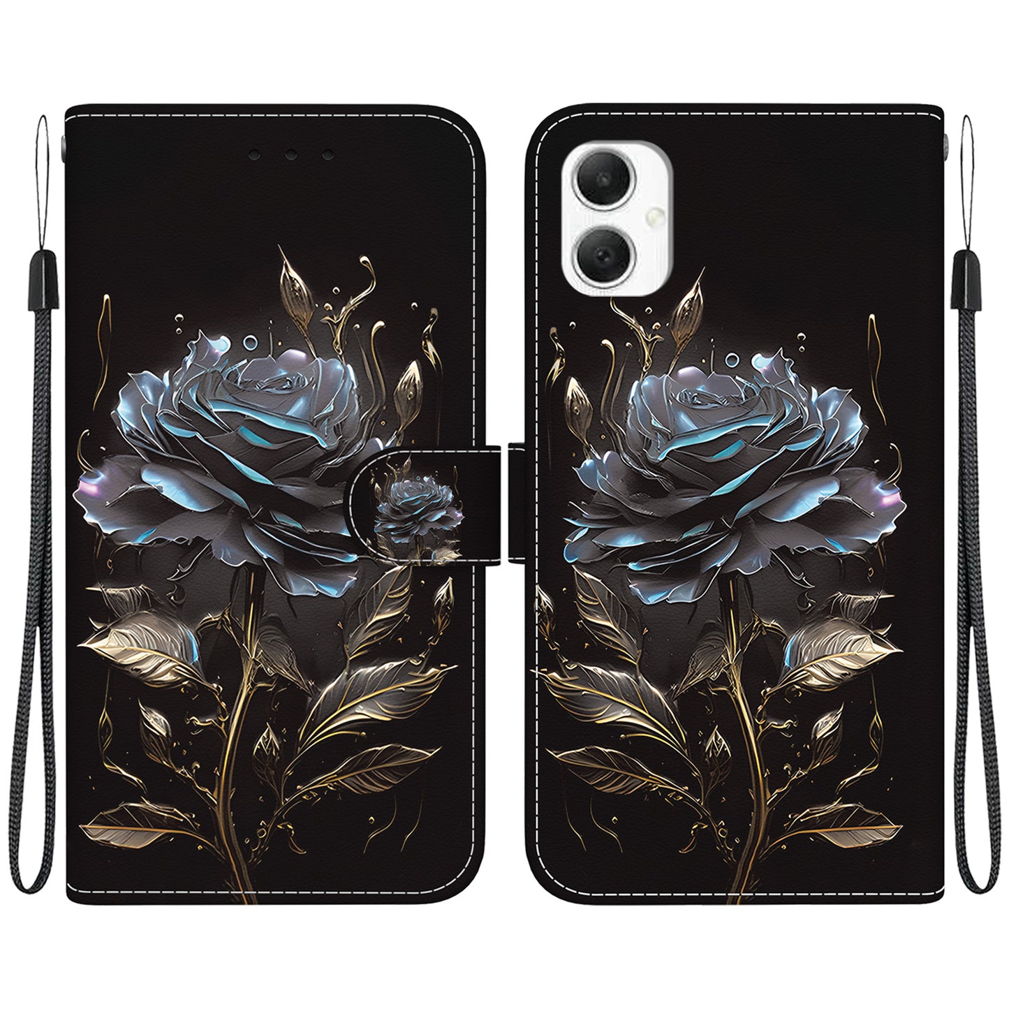 For Samsung Galaxy A06 Wallet Phone Case Anti-Drop Leather Flip Cover Pattern Printing - Black Rose