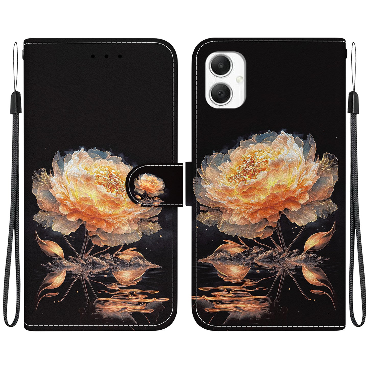 For Samsung Galaxy A06 Wallet Phone Case Anti-Drop Leather Flip Cover Pattern Printing - Gold Peony