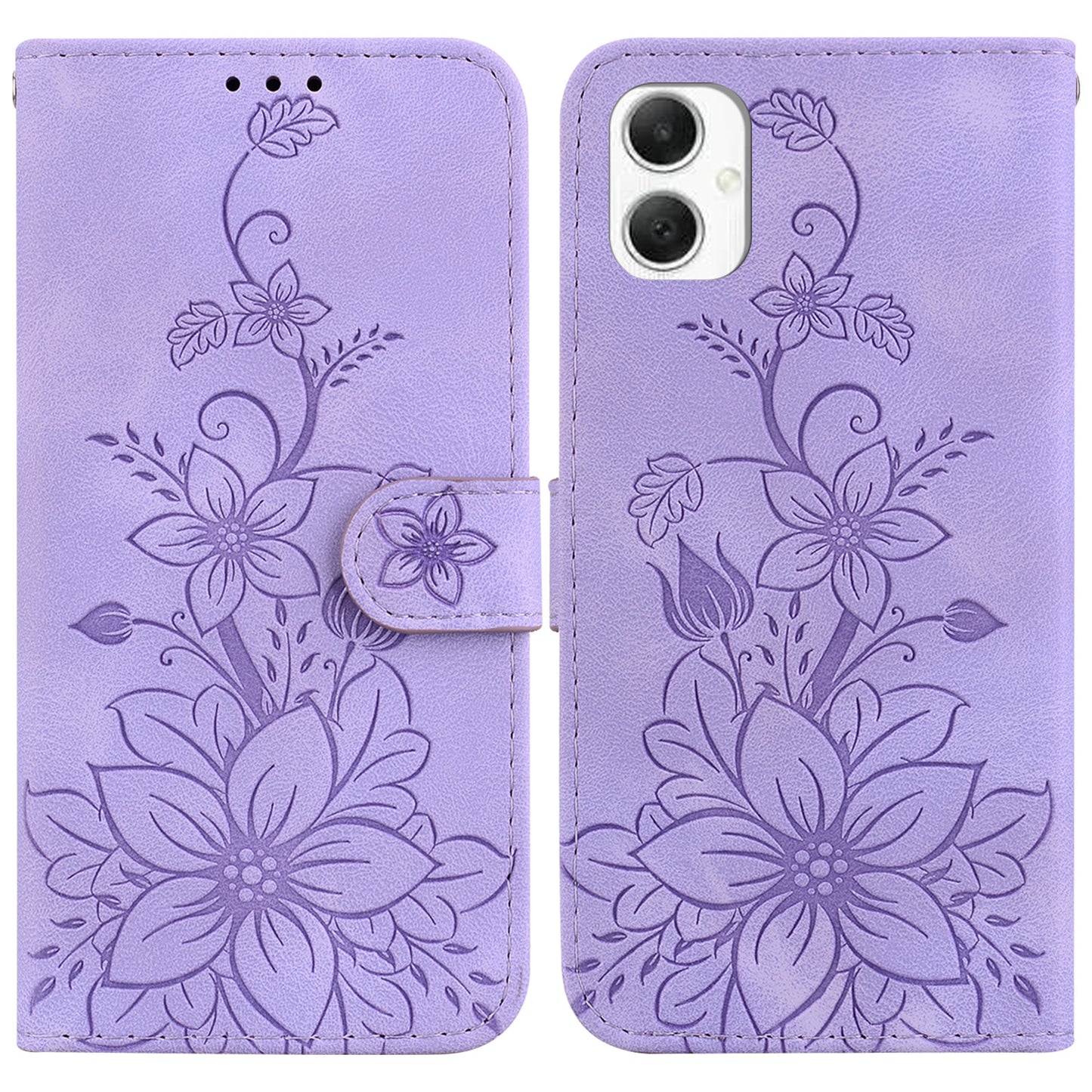 For Samsung Galaxy A06 Case Lily Flower Imprint Leather Phone Cover with Stand - Purple