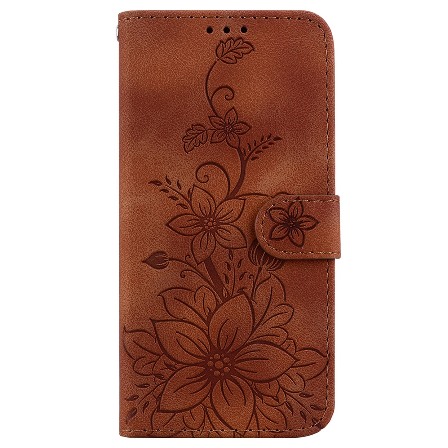 For Samsung Galaxy A06 Case Lily Flower Imprint Leather Phone Cover with Stand - Brown