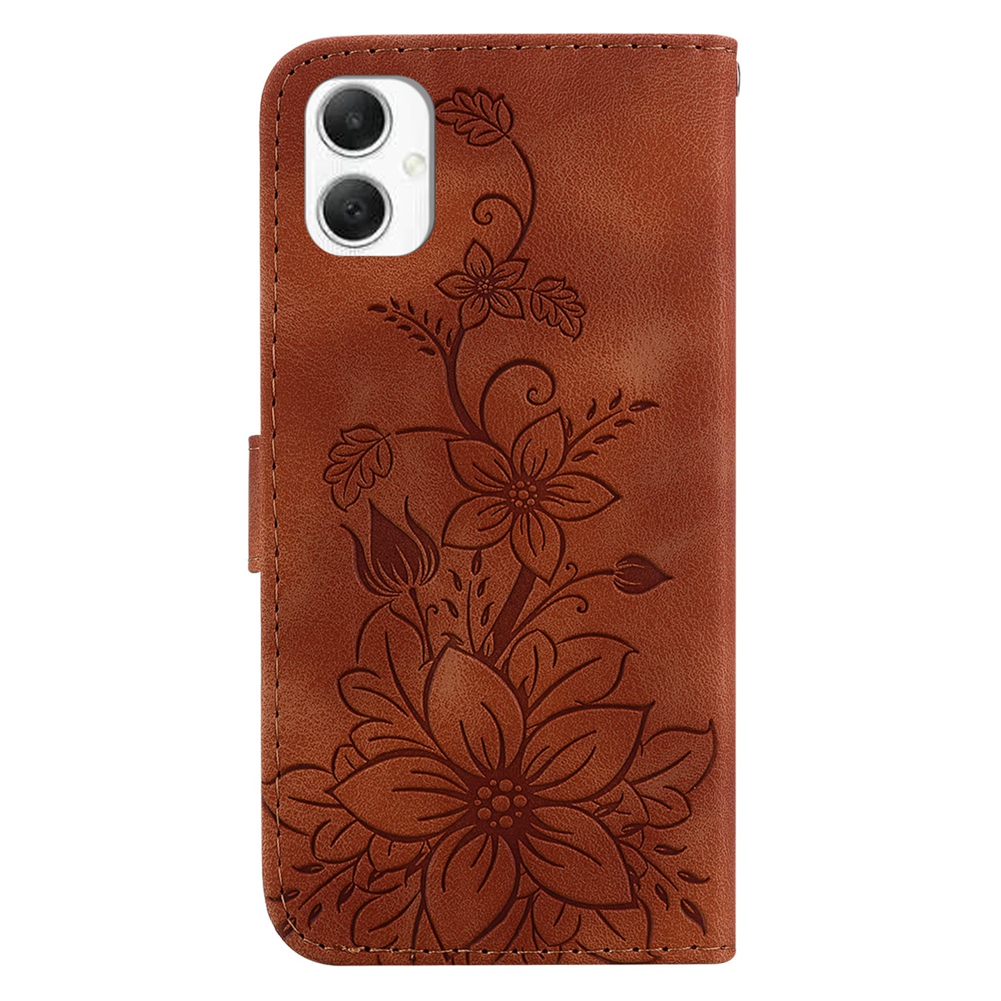 For Samsung Galaxy A06 Case Lily Flower Imprint Leather Phone Cover with Stand - Brown