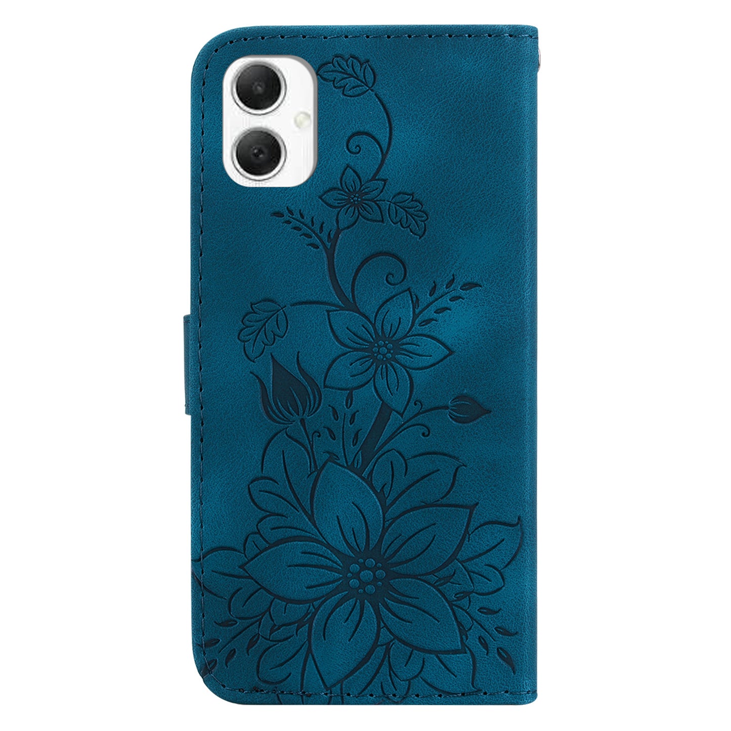 For Samsung Galaxy A06 Case Lily Flower Imprint Leather Phone Cover with Stand - Dark Blue