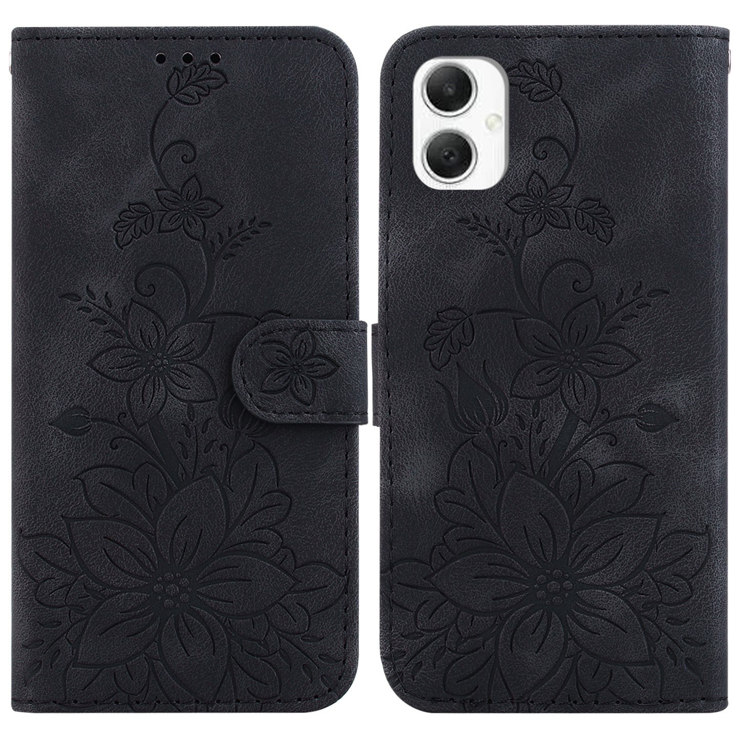 For Samsung Galaxy A06 Case Lily Flower Imprint Leather Phone Cover with Stand - Black