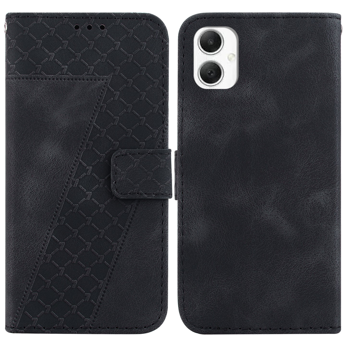 For Samsung Galaxy A06 Stand Case 7-Shaped Pattern Imprint Leather Phone Cover - Black