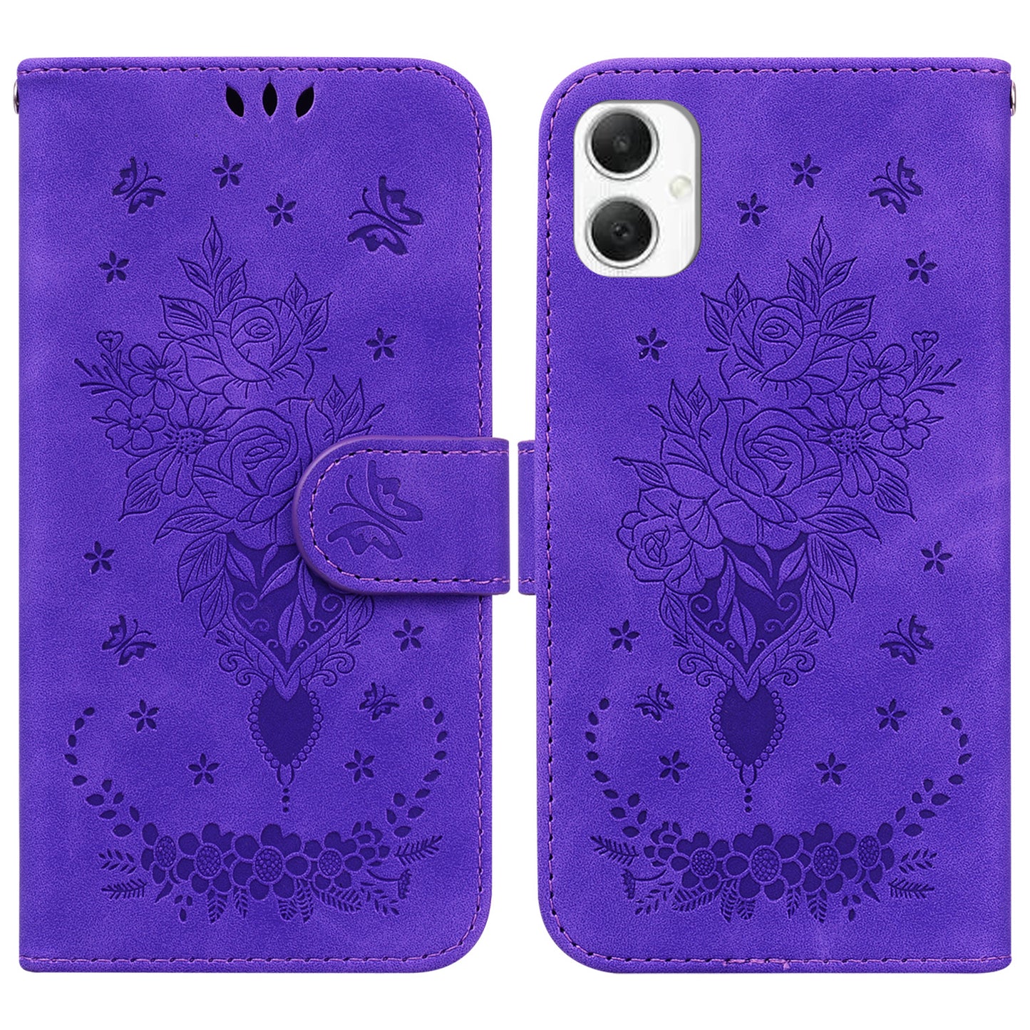 For Samsung Galaxy A06 Case PU Leather Wallet Phone Cover Butterfly Flower Imprint - Purple