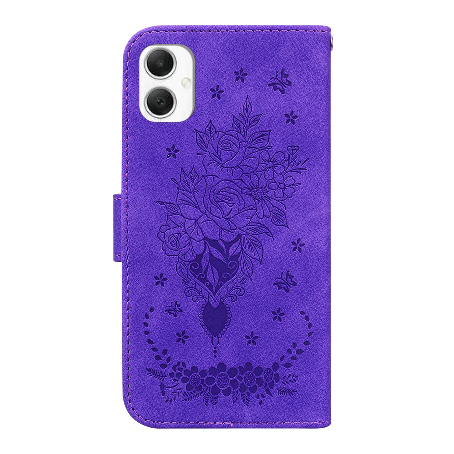 For Samsung Galaxy A06 Case PU Leather Wallet Phone Cover Butterfly Flower Imprint - Purple