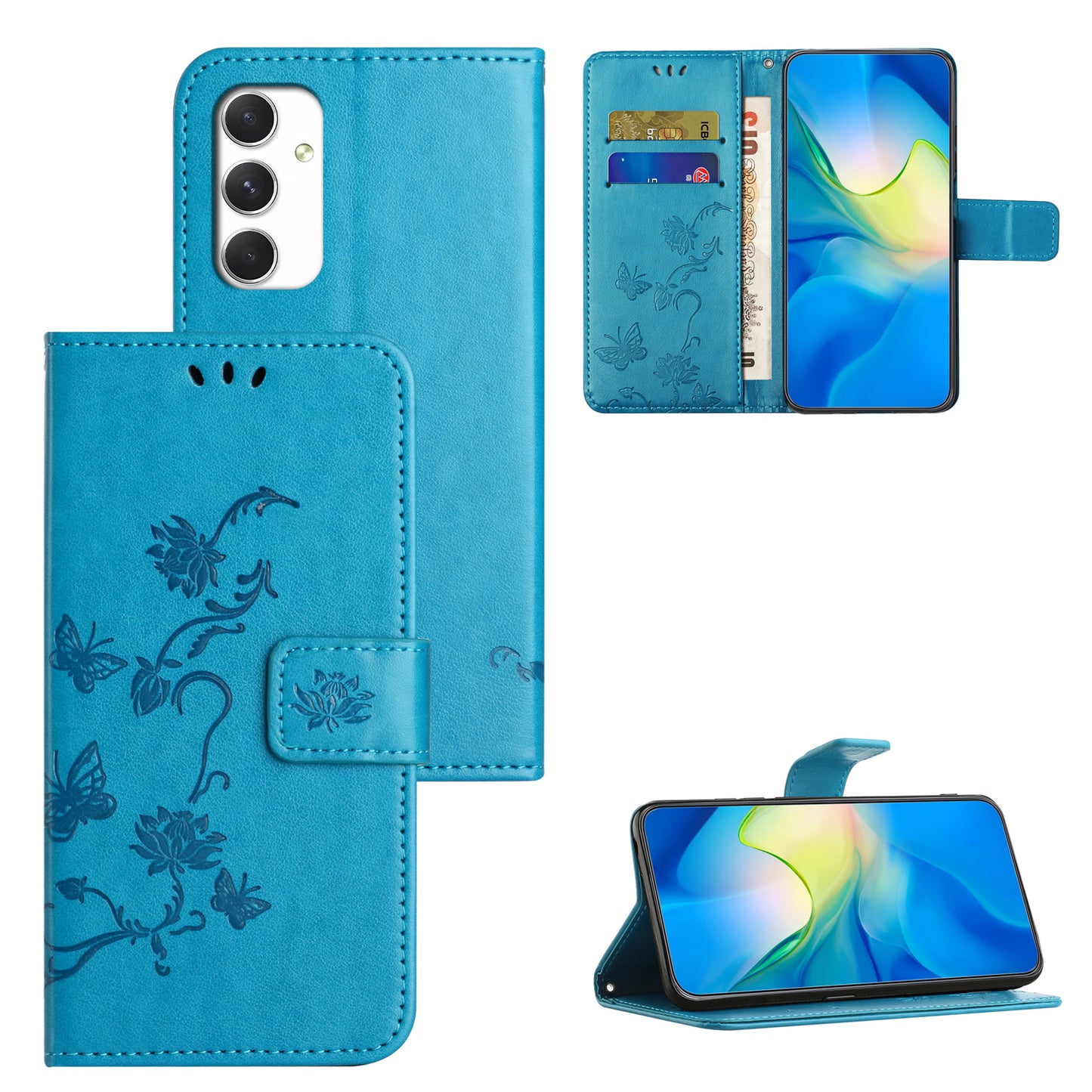 For Samsung Galaxy A16 5G / A16 4G Case Wallet Stand Imprinted Butterfly Flower PU Leather Phone Cover - Blue