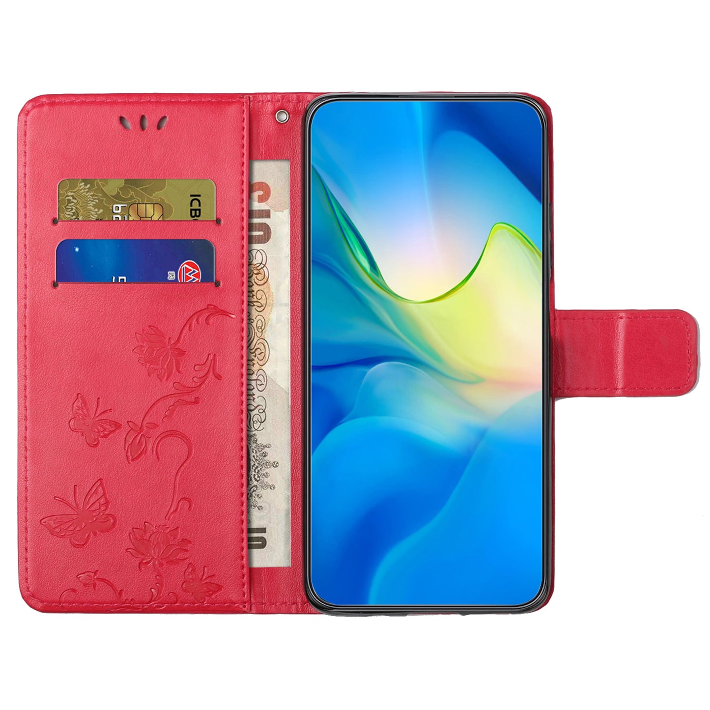 For Samsung Galaxy A16 5G / A16 4G Case Wallet Stand Imprinted Butterfly Flower PU Leather Phone Cover - Red