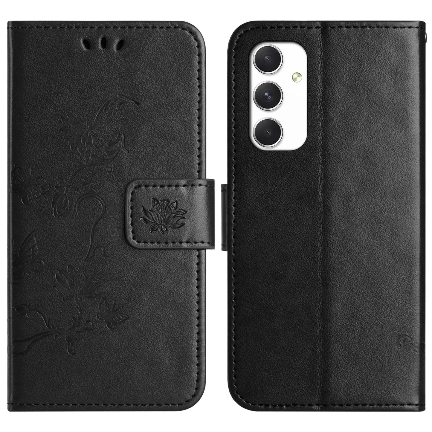 For Samsung Galaxy A16 5G / A16 4G Case Wallet Stand Imprinted Butterfly Flower PU Leather Phone Cover - Black