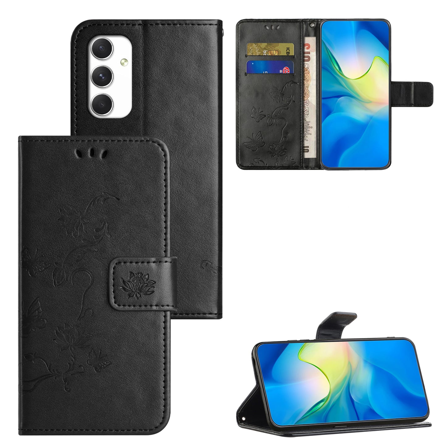 For Samsung Galaxy A16 5G / A16 4G Case Wallet Stand Imprinted Butterfly Flower PU Leather Phone Cover - Black