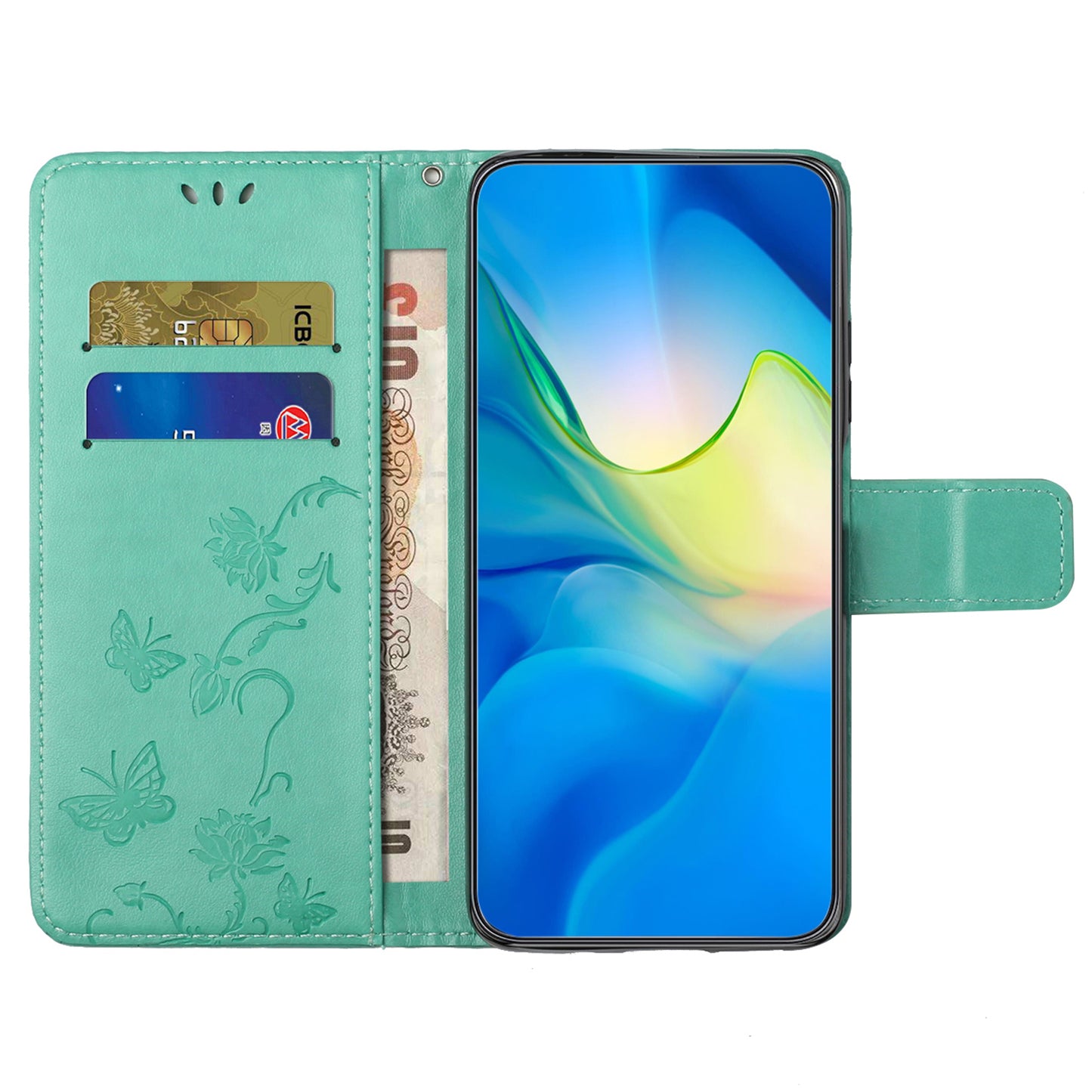 For Samsung Galaxy A16 5G / A16 4G Case Wallet Stand Imprinted Butterfly Flower PU Leather Phone Cover - Cyan