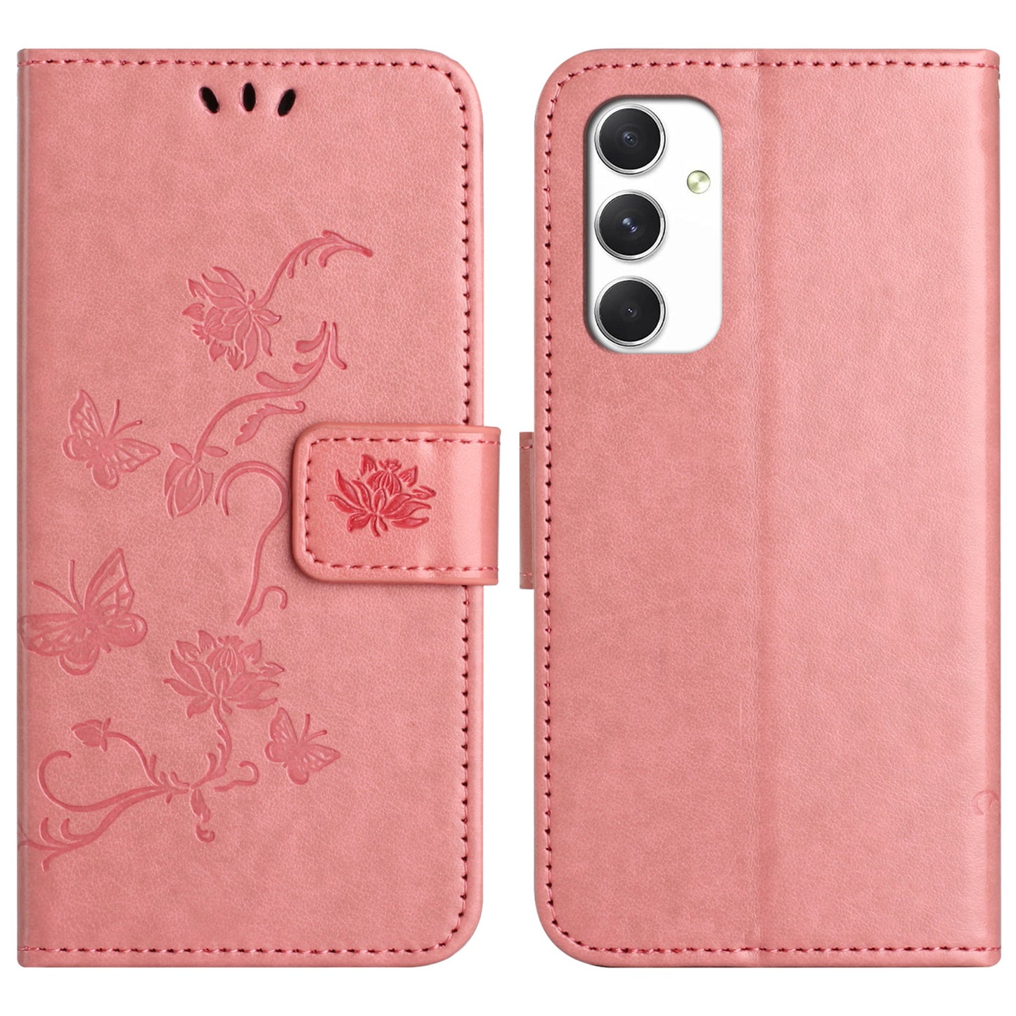 For Samsung Galaxy A16 5G / A16 4G Case Wallet Stand Imprinted Butterfly Flower PU Leather Phone Cover - Pink
