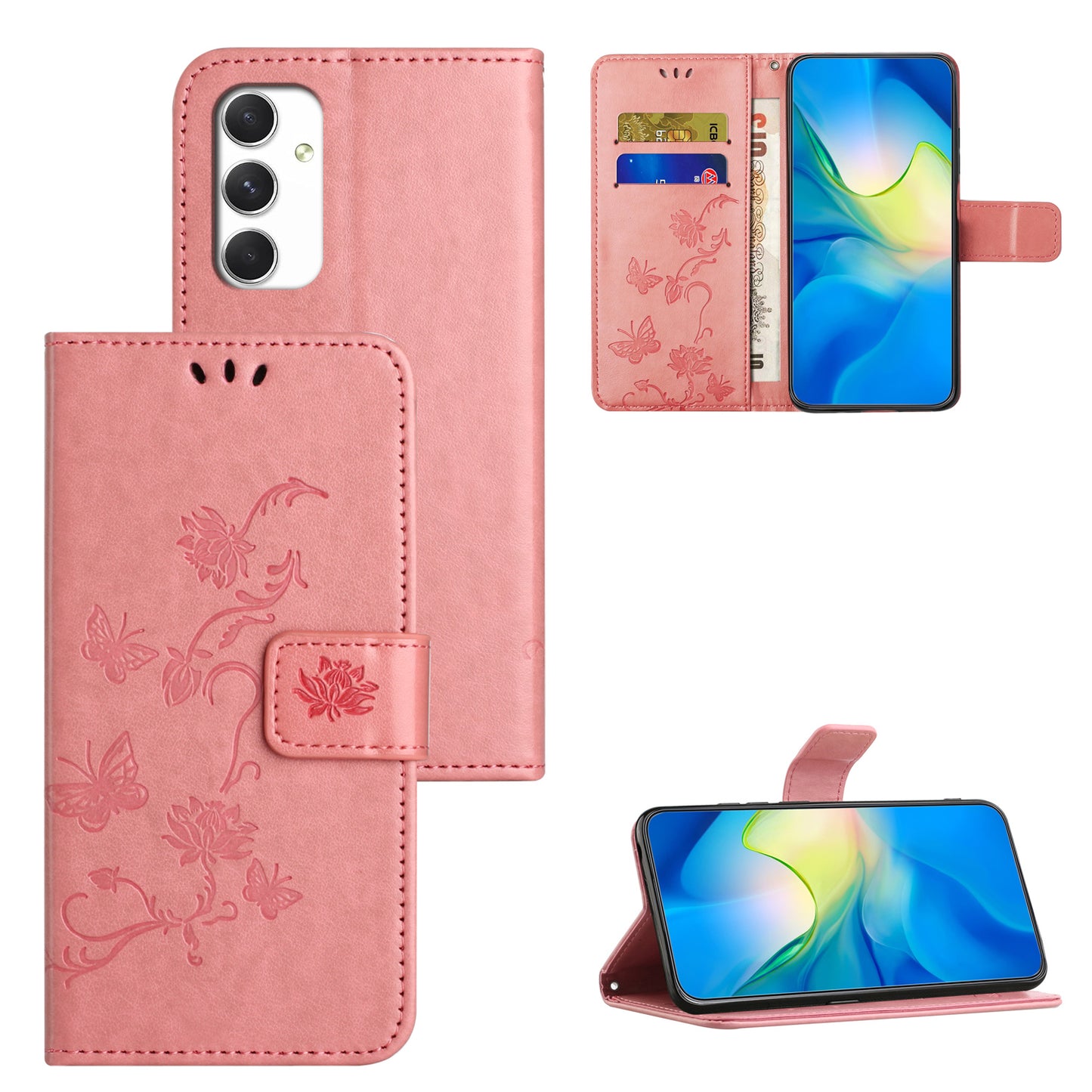 For Samsung Galaxy A16 5G / A16 4G Case Wallet Stand Imprinted Butterfly Flower PU Leather Phone Cover - Pink