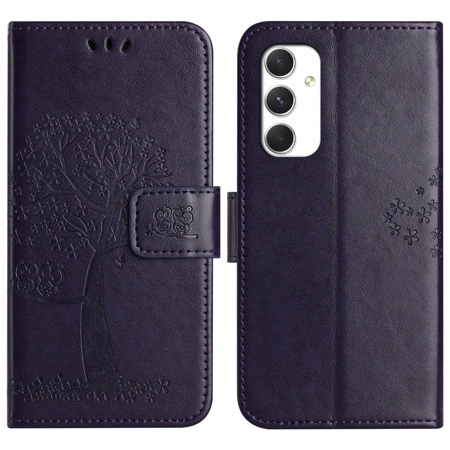 For Samsung Galaxy A16 5G / A16 4G Case PU Leather Owl Tree Imprinted Wallet Phone Cover - Dark Purple