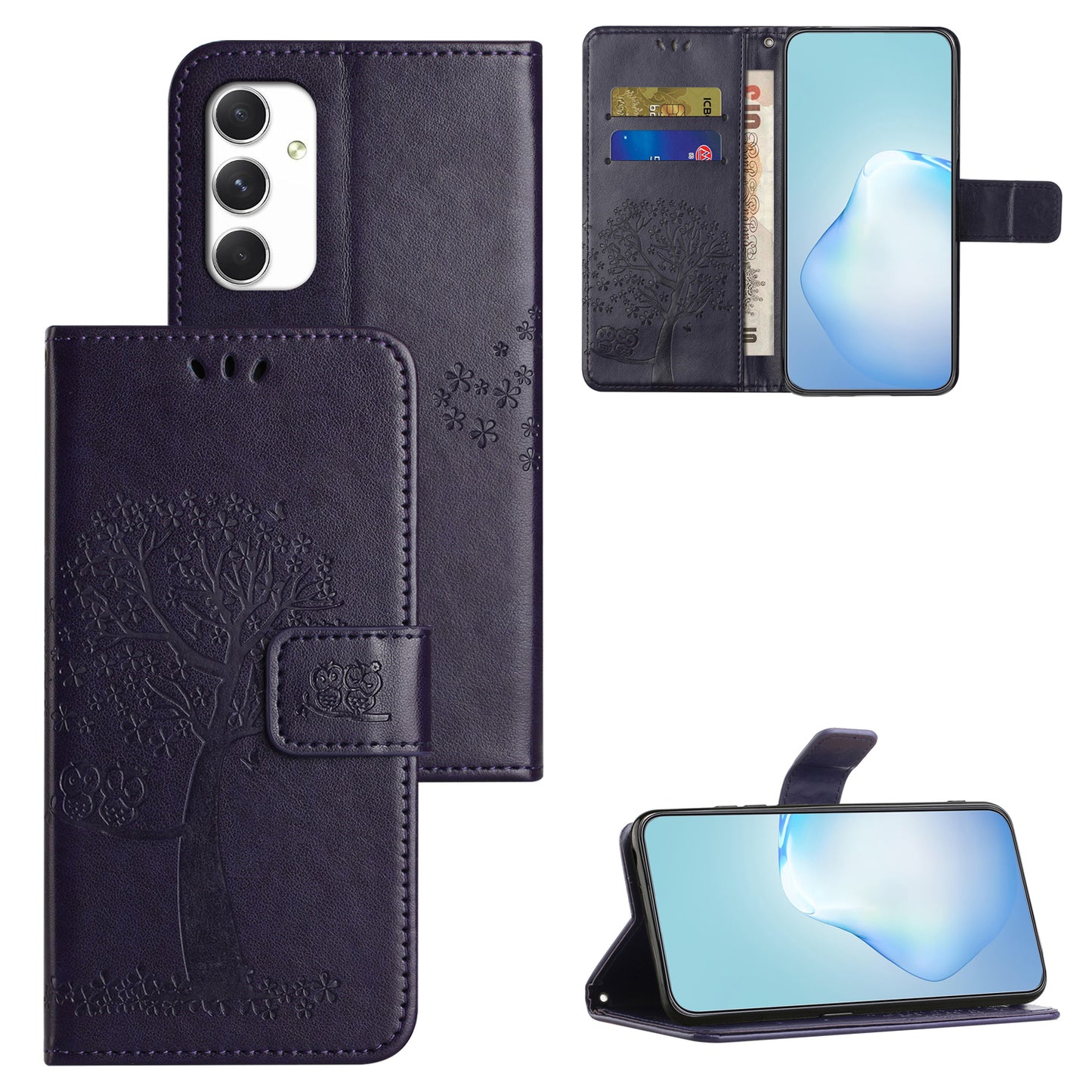 For Samsung Galaxy A16 5G / A16 4G Case PU Leather Owl Tree Imprinted Wallet Phone Cover - Dark Purple