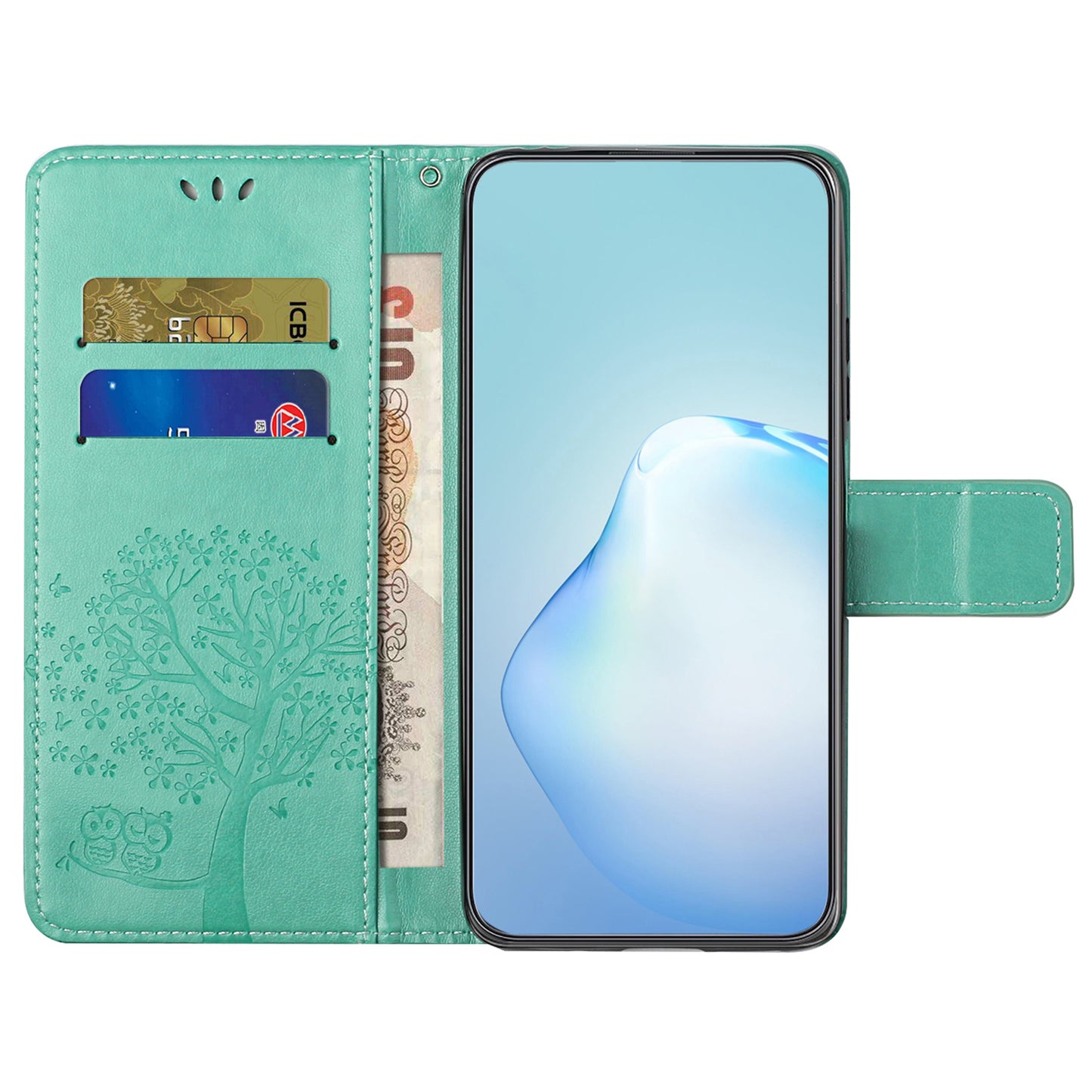 For Samsung Galaxy A16 5G / A16 4G Case PU Leather Owl Tree Imprinted Wallet Phone Cover - Cyan