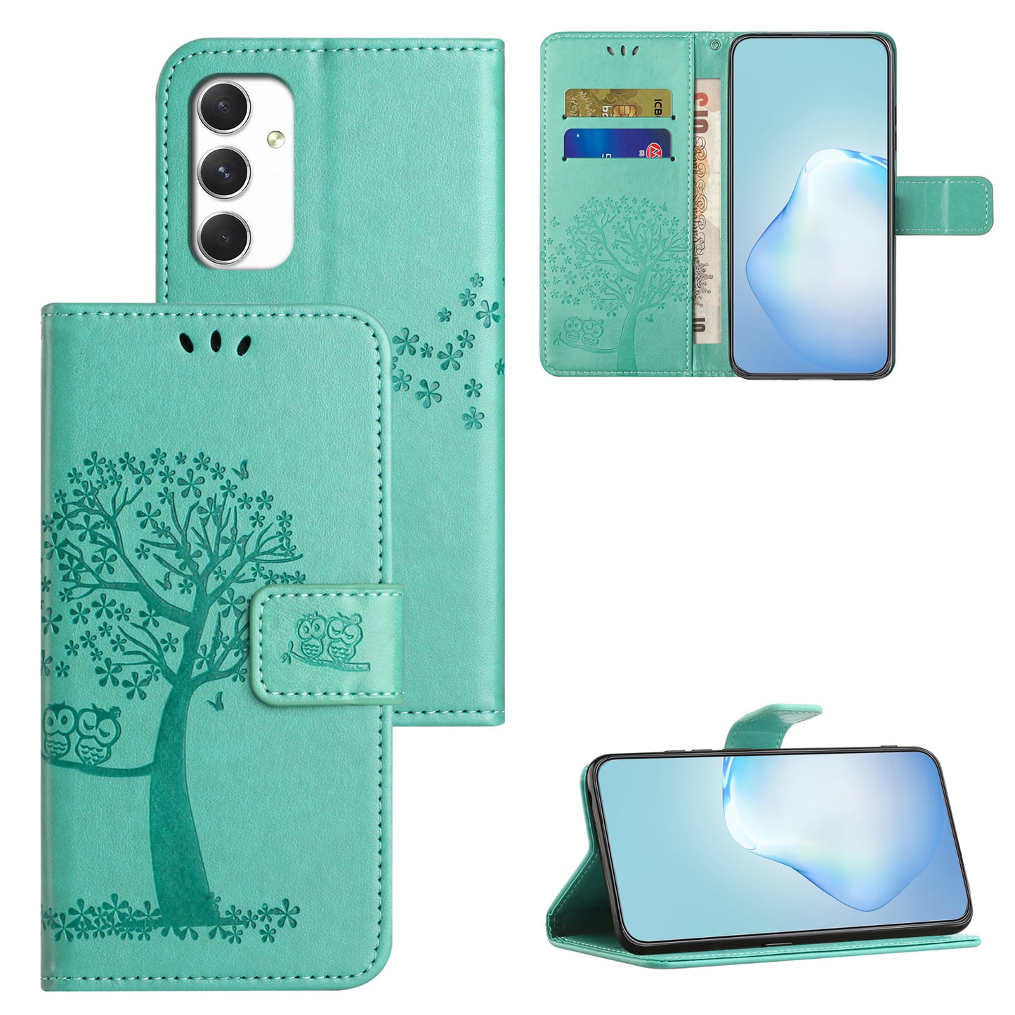 For Samsung Galaxy A16 5G / A16 4G Case PU Leather Owl Tree Imprinted Wallet Phone Cover - Cyan