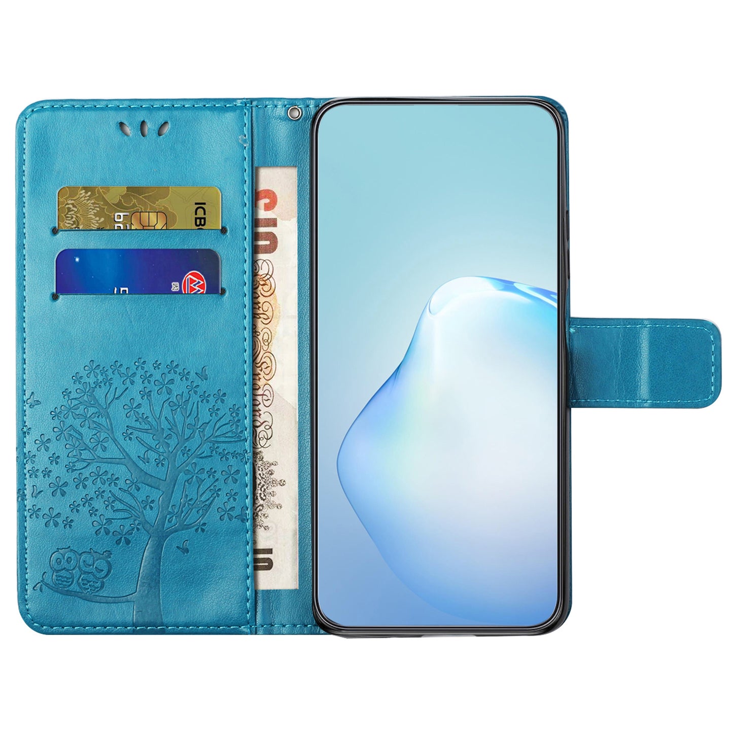 For Samsung Galaxy A16 5G / A16 4G Case PU Leather Owl Tree Imprinted Wallet Phone Cover - Blue
