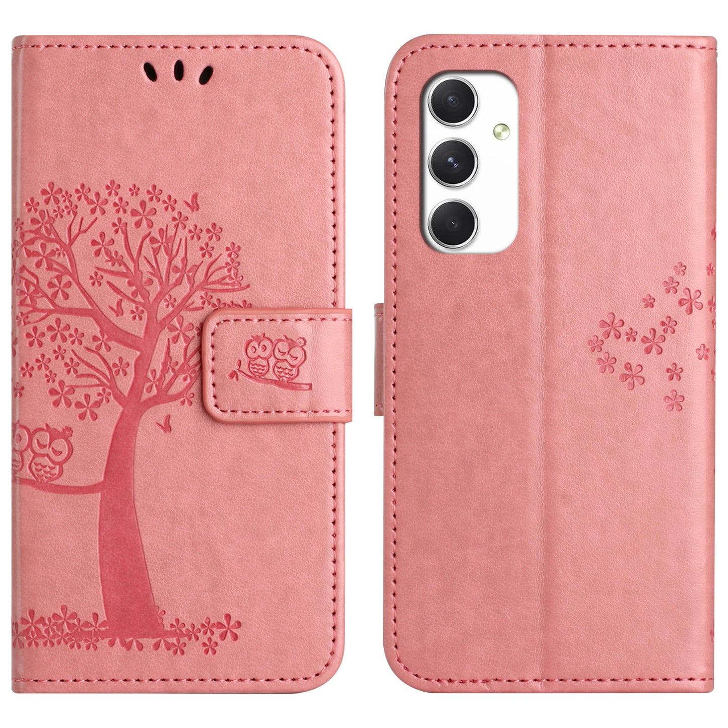 For Samsung Galaxy A16 5G / A16 4G Case PU Leather Owl Tree Imprinted Wallet Phone Cover - Pink