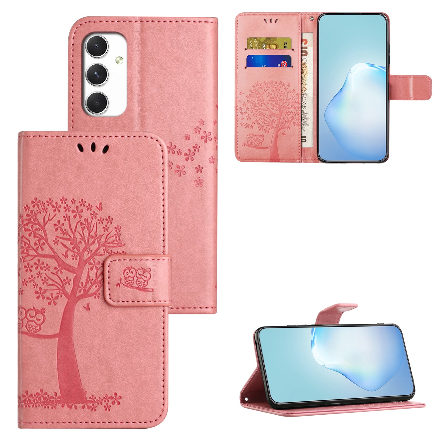 For Samsung Galaxy A16 5G / A16 4G Case PU Leather Owl Tree Imprinted Wallet Phone Cover - Pink