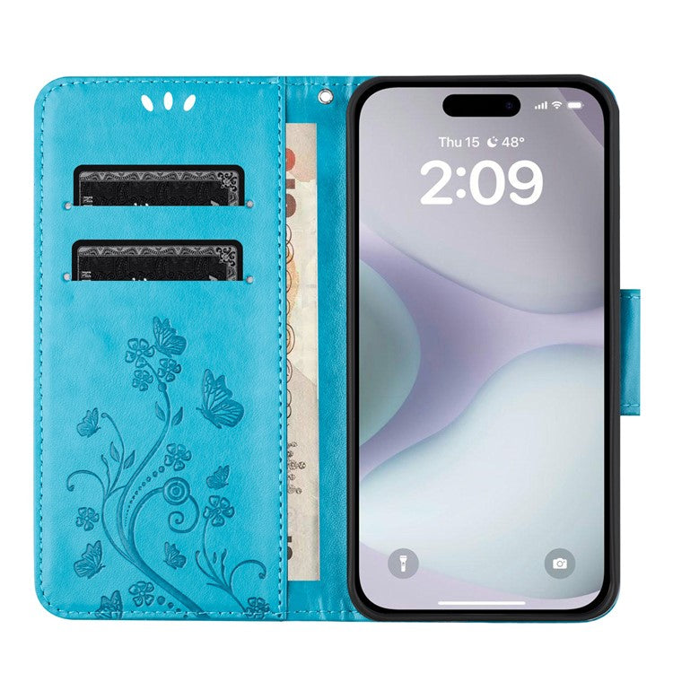 For iPhone 16 Plus Leather Case Butterflies Flower Pattern Wallet Stand Phone Cover - Blue