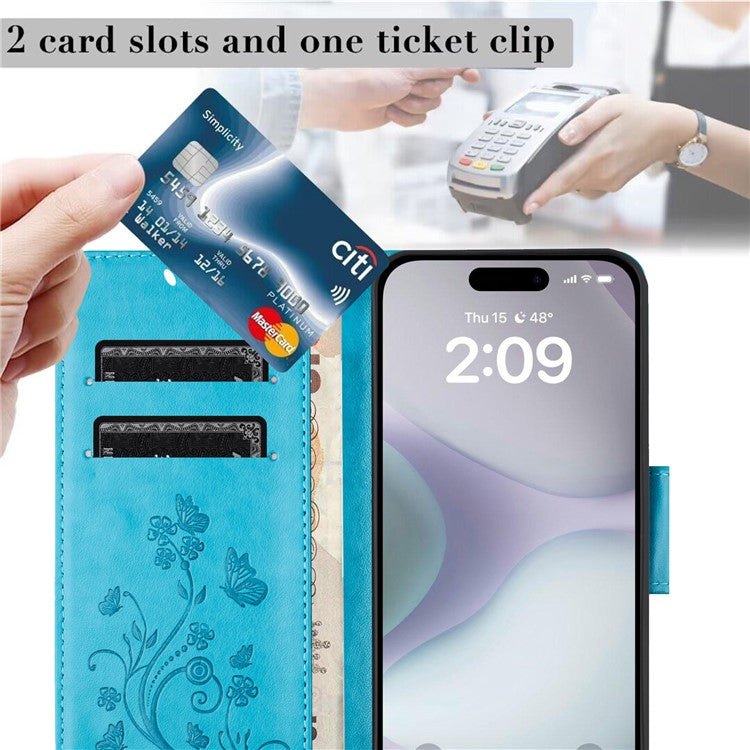 For iPhone 16 Plus Leather Case Butterflies Flower Pattern Wallet Stand Phone Cover - Blue