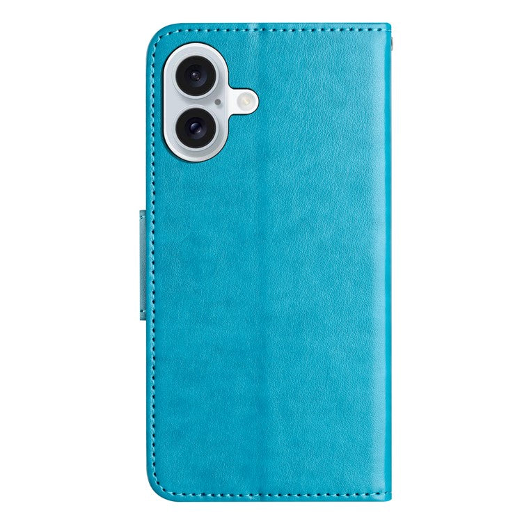 For iPhone 16 Plus Leather Case Butterflies Flower Pattern Wallet Stand Phone Cover - Blue