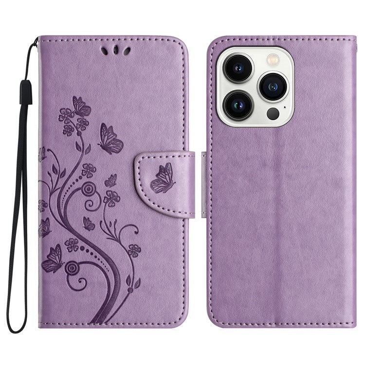 For iPhone 16 Pro Leather Case Butterflies Flower Pattern Wallet Stand Phone Cover - Purple