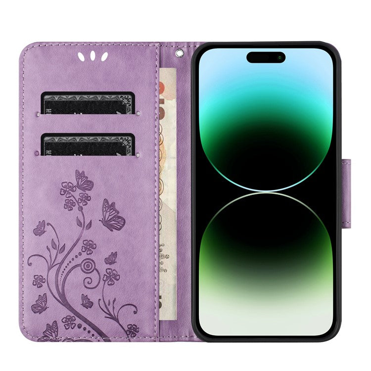 For iPhone 16 Pro Leather Case Butterflies Flower Pattern Wallet Stand Phone Cover - Purple