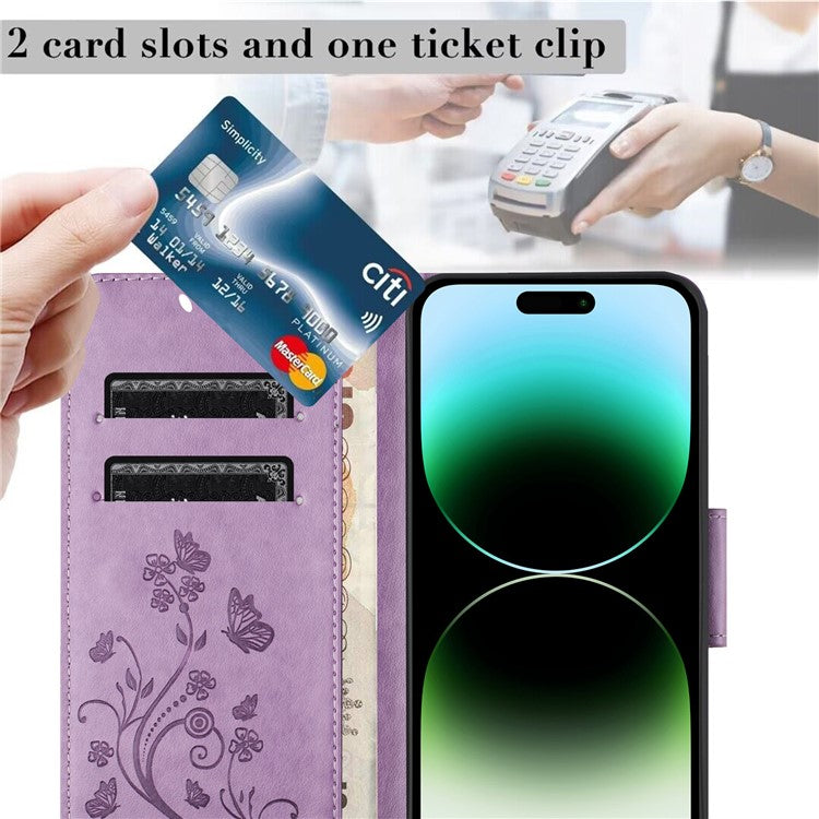 For iPhone 16 Pro Leather Case Butterflies Flower Pattern Wallet Stand Phone Cover - Purple