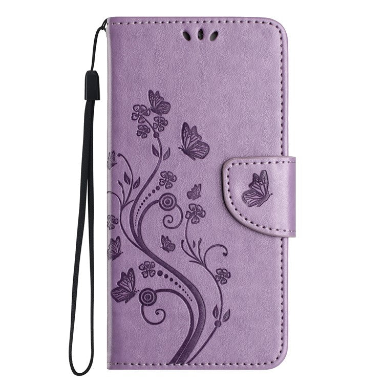 For iPhone 16 Pro Leather Case Butterflies Flower Pattern Wallet Stand Phone Cover - Purple