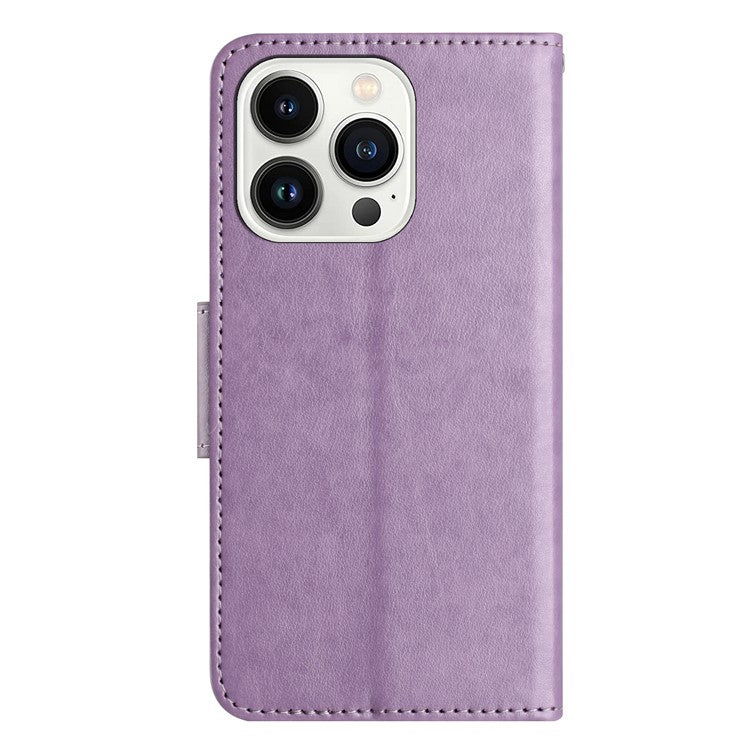 For iPhone 16 Pro Leather Case Butterflies Flower Pattern Wallet Stand Phone Cover - Purple