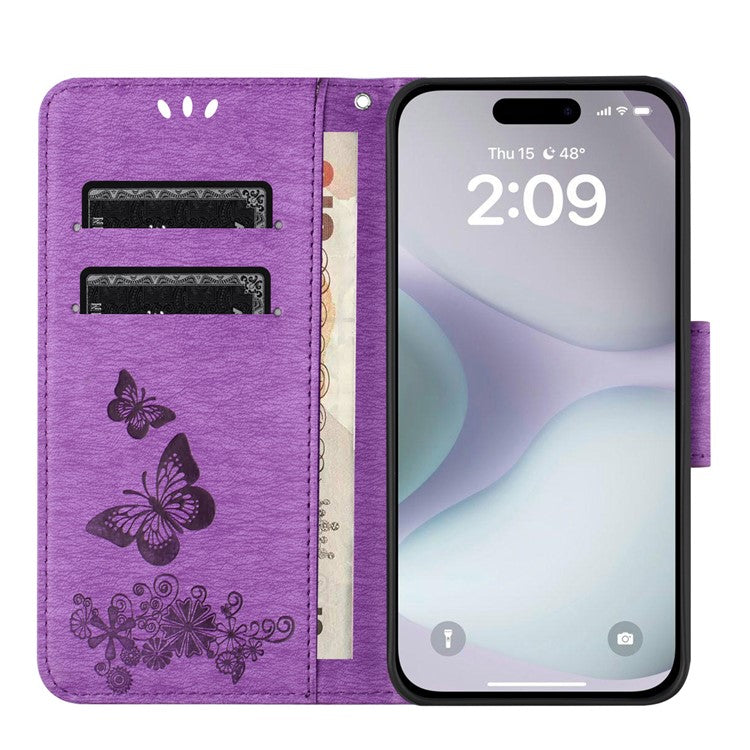 For iPhone 16 Plus Case Butterflies Flower Leather Wallet Flip Phone Cover - Purple